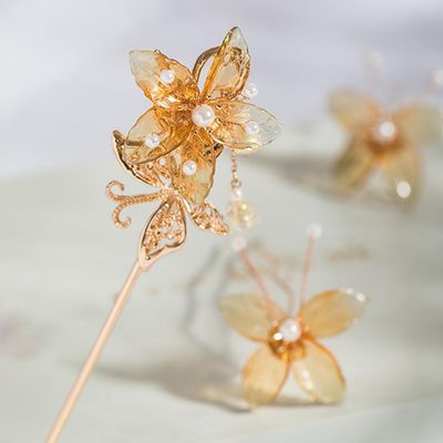1 pcs Rabithenn Golden Autumn Leaves Hairpin Chinese Hanfu Style Hair Fork Retro Flower with Resin Handmade Hair Clip Hair Accessories for Women Girls Long Hair (Golden Autumn Leaves)