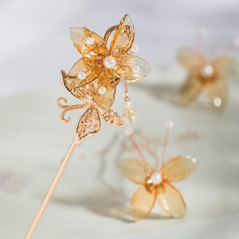 1 pcs Rabithenn Golden Autumn Leaves Hairpin Chinese Hanfu Style Hair Fork Retro Flower with Resin Handmade Hair Clip Hair Accessories for Women Girls Long Hair (Golden Autumn Leaves)