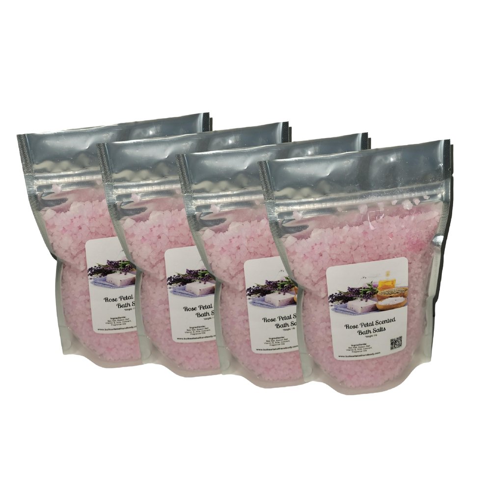 Bath Salts | 1lb Bag | Rose Petal Scent | Bathing | Body Care | Beauty | Relaxation | Spa ((4) 1lb Bags)