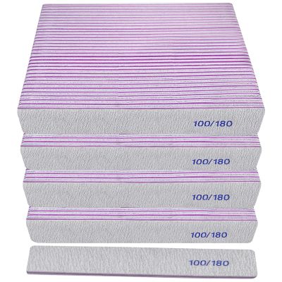 100/180 Grit Nail File (100 Pack), Emery Board Nail Files for Acrylic Nails and Natural Nails, Double Sided Emory Boards Professional Nail Filer Reusable Washable Manicure Square Gray