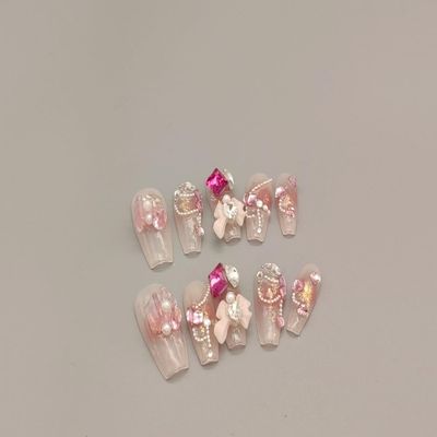 IJRMTVWO Handmade Wearing Nail Pink bow sweet Coffin type manicure Nail Patch Wearable Nail Removable reusable 10PCS