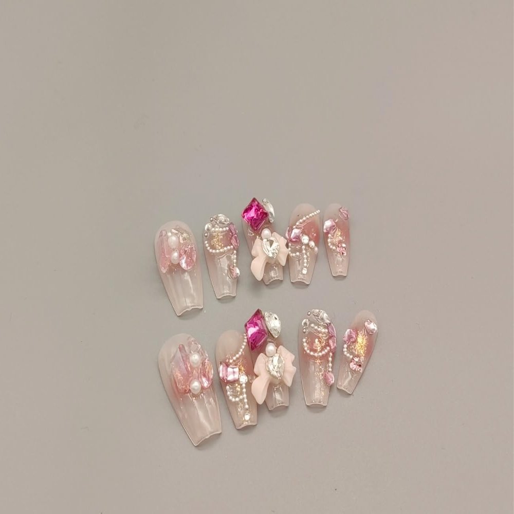 IJRMTVWO Handmade Wearing Nail Pink bow sweet Coffin type manicure Nail Patch Wearable Nail Removable reusable 10PCS