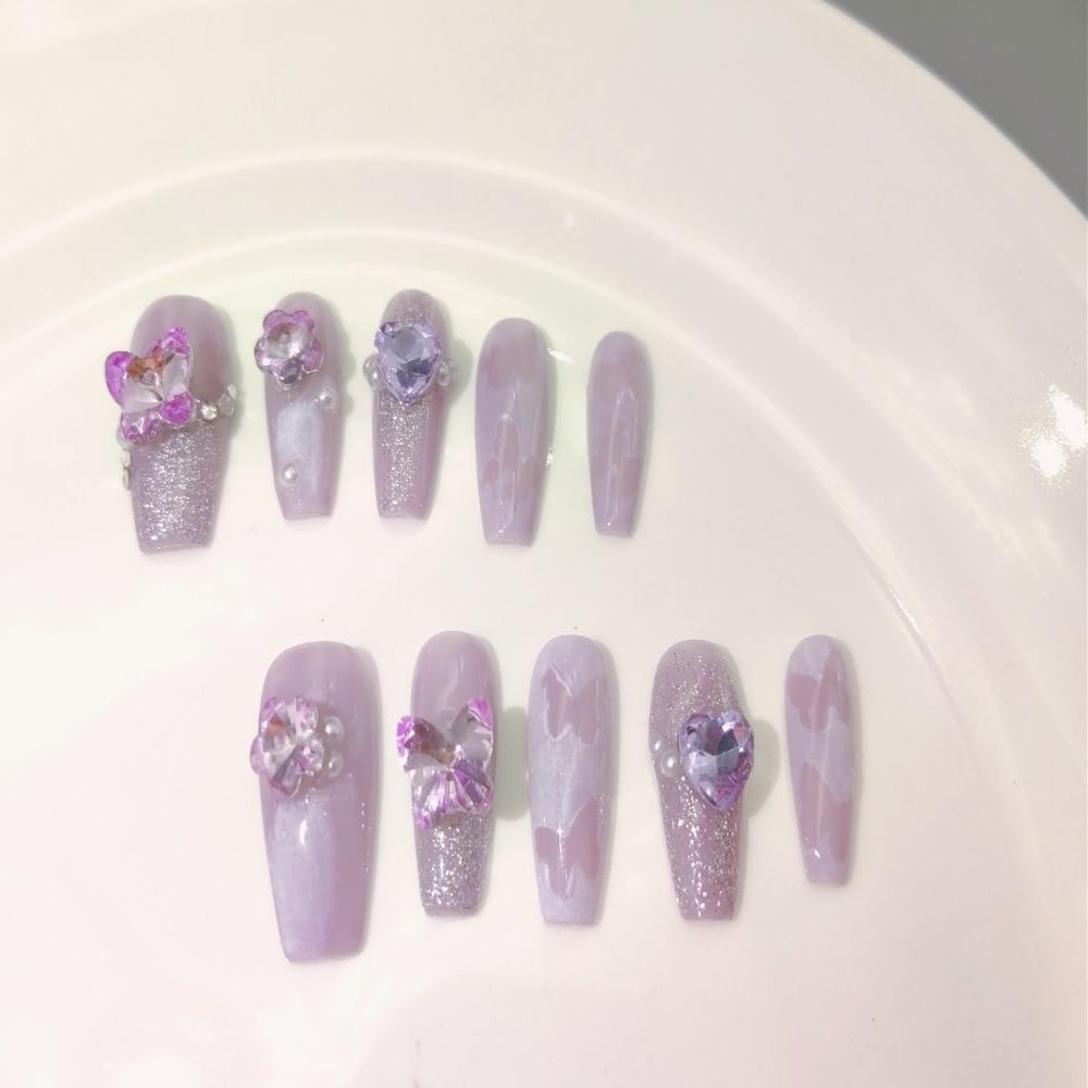 IJRMTVWO Handmade Wearing Nail Purple Butterfly Nail Patch Wearable Nail Removable reusable Heavy Industry Explosion Flash