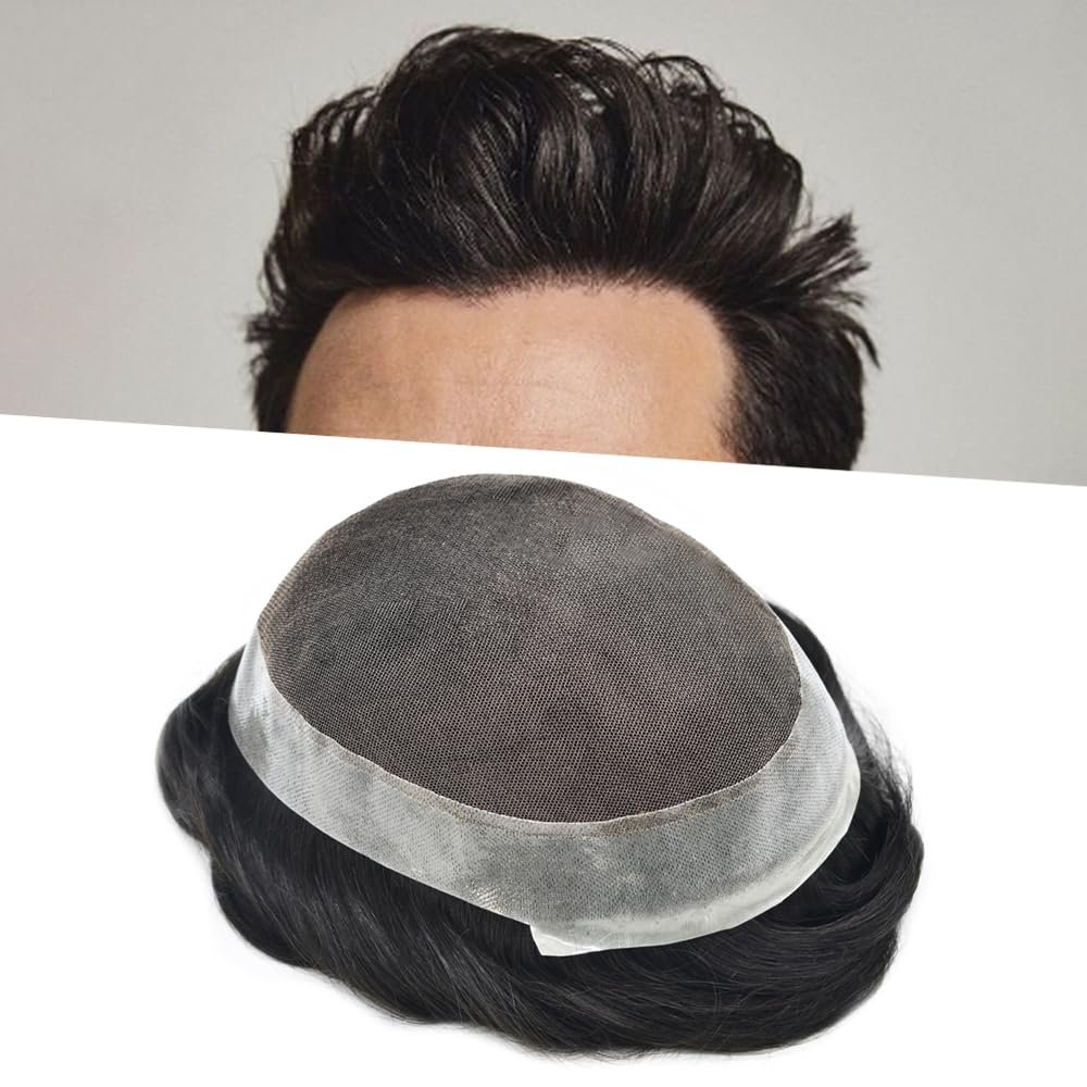 Healthlif Mens Hair Pieces Human Hair Men Toupee Swiss Lace Hair System Replacement For Men Toupee For Men Hair System Male Hair Capillary Prosthesis6x8-100% light to medium density1# JET BLACK