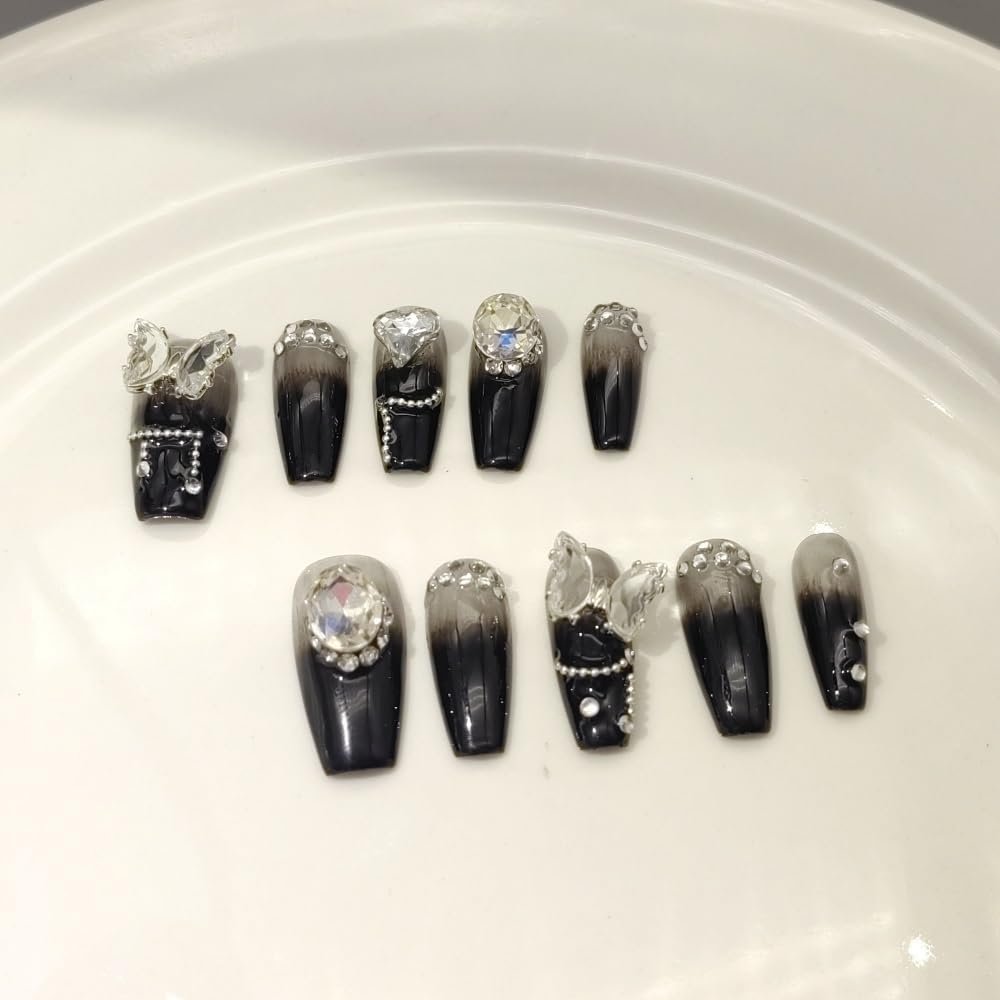 IJRMTVWO Handmade Wearing Nail Black butterfly Nail Patch Wearable Nail Removable reusable Heavy Industry Explosion Flash