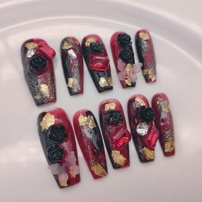 Handmade Wearing Nail Wine red long manicure Nail Patch Wearable Nail Removable reusable Heavy Industry Explosion Flash