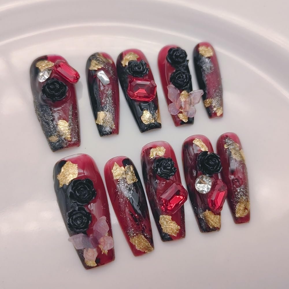 Handmade Wearing Nail Wine red long manicure Nail Patch Wearable Nail Removable reusable Heavy Industry Explosion Flash