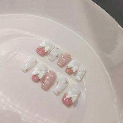 IJRMTVWO Handmade Wearing Nail Pink bow cute manicure Nail Patch Wearable Nail Removable reusable 10PCS