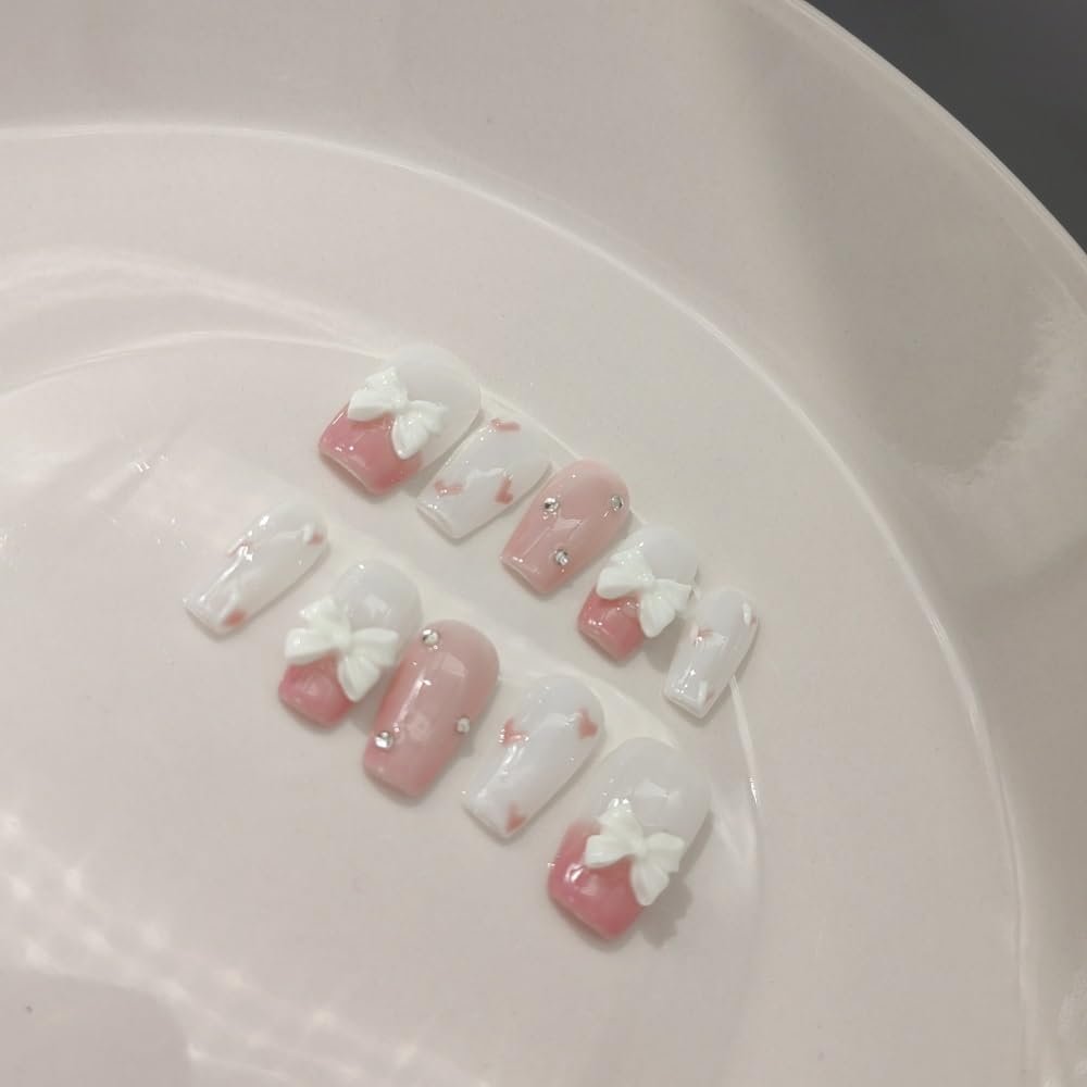 IJRMTVWO Handmade Wearing Nail Pink bow cute manicure Nail Patch Wearable Nail Removable reusable 10PCS
