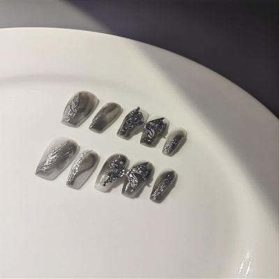 IJRMTVWO Handmade Wearing Nail Metal butterfly Coffin type manicure Nail Patch Wearable Nail Removable reusable 10PCS