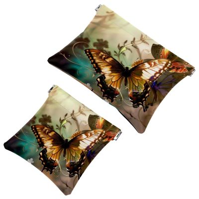 2 Pcs Pocket Cosmetic Bag, Sunset Butterfly Floral Self-Closing Shrapnel Makeup Bag No Zipper Small Makeup Pouch for Mini Travel Storage for Cosmetics Headphones Jewelry Organizer