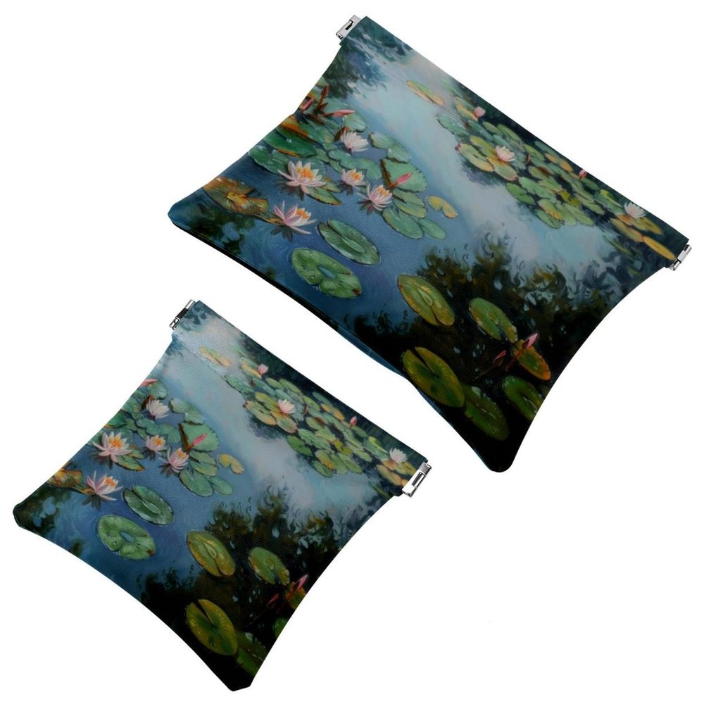 2 Pcs Pocket Cosmetic Bag, Water Lily Lotus Self-Closing Shrapnel Makeup Bag No Zipper Small Makeup Pouch for Mini Travel Storage for Cosmetics Headphones Jewelry Organizer