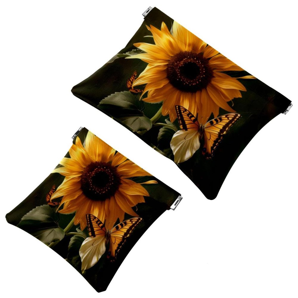 2 Pcs Pocket Cosmetic Bag, Sunflower and Butterfly Self-Closing Shrapnel Makeup Bag No Zipper Small Makeup Pouch for Mini Travel Storage for Cosmetics Headphones Jewelry Organizer