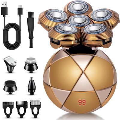 6D Electric Shaver Bald Head Shaver for Men,IPX7 Waterproof Wet/Dry Rotary Shaver Cordless Rechargeable Razor,6 in 1 Football-Shaped Razor Grooming Kit with Clippers Nose Trimmer Face Brush