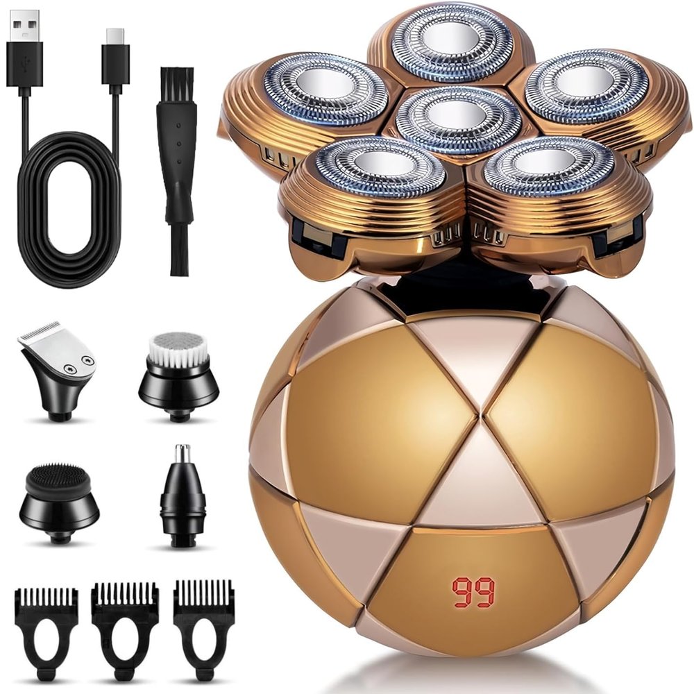 6D Electric Shaver Bald Head Shaver for Men,IPX7 Waterproof Wet/Dry Rotary Shaver Cordless Rechargeable Razor,6 in 1 Football-Shaped Razor Grooming Kit with Clippers Nose Trimmer Face Brush