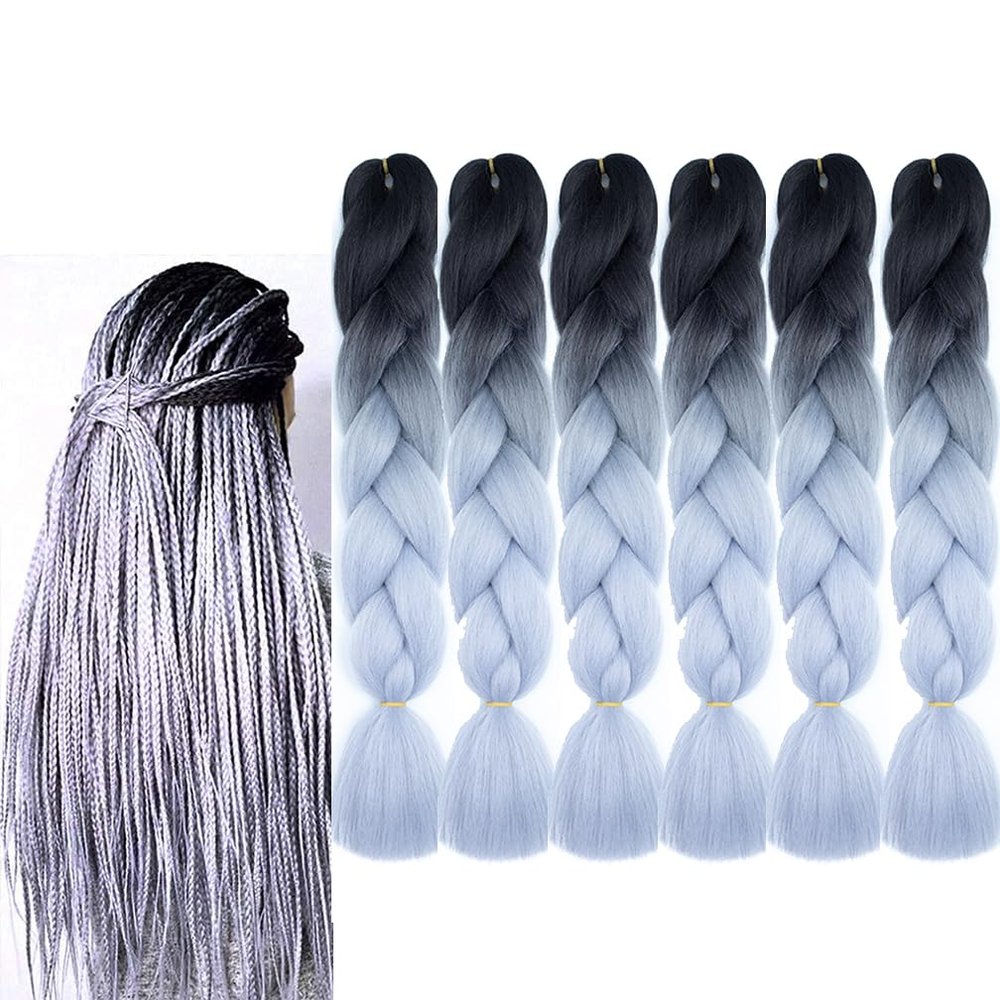 BALINGHAIR Braiding Hair Extensions Ombre Black to Silver Grey Professional High Temperature Braids Hair 24 Inch(B37-6Packs)