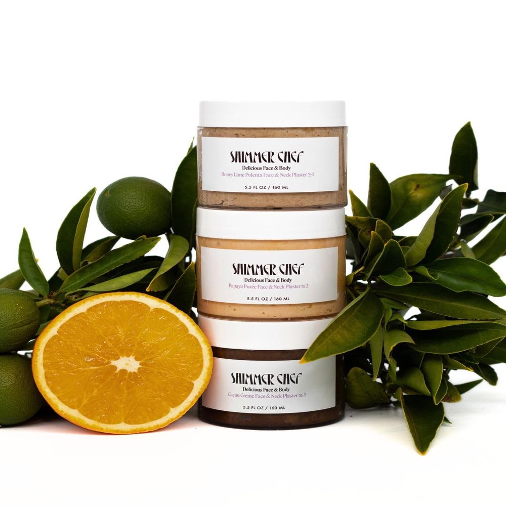 SHIMMER CHEF Face and Neck Plaster Trio | Honey Lime Polenta, Papaya Pure, and Cacao Crme Face and Neck Masks | Balance ph Levels, Cleanse Impurities, Moisturize and Firm
