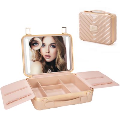 ZhenGuiRu Makeup Case with LED Lighted Mirror, 11.5''x 8.7'' Portable Travel Makeup Organizer, Toiletry Storage Makeup Bag Gift for Lady, DIY Dividers Makeup Box with 5X Magnifying Mirror (Pink)