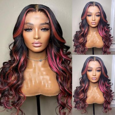 Lace Front Wigs Human Hair Ombre Black with Pink Highlight Colored Body Wave Human Hair Wigs for Women 13x4 Transparent Lace Frontal Wig Pre Plucked with Baby Hair (13x4 lace front wig, 16 inch)