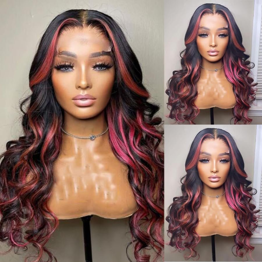 Lace Front Wigs Human Hair Ombre Black with Pink Highlight Colored Body Wave Human Hair Wigs for Women 13x4 Transparent Lace Frontal Wig Pre Plucked with Baby Hair (13x4 lace front wig, 16 inch)