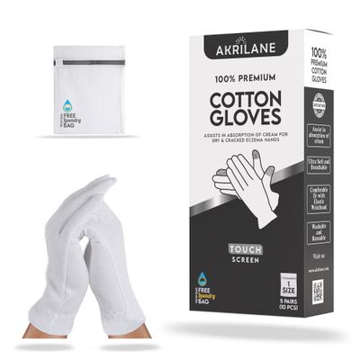 AKRILANE Touch Screen 1 Size Large 5 Pairs Cotton Moisturizing Gloves for Dry Hands | Eczema, Psoriasis & Skin Spa Treatment for Women & Men | Free Laundry Bag
