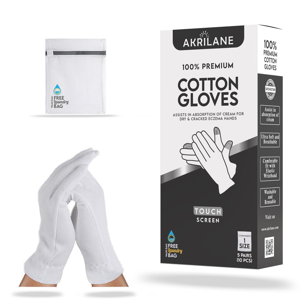 AKRILANE Touch Screen 1 Size Large 5 Pairs Cotton Moisturizing Gloves for Dry Hands | Eczema, Psoriasis & Skin Spa Treatment for Women & Men | Free Laundry Bag