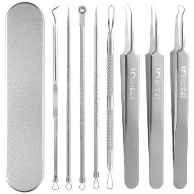 FEITA Blackhead Remover Comedone Extractor Tool, Face Black Head Needle & Curved Tip Acne Tweezers Kit with Metal Box, Facial Stainless Pimple Removal Tools Kit for Nose, Silver 8Pcs