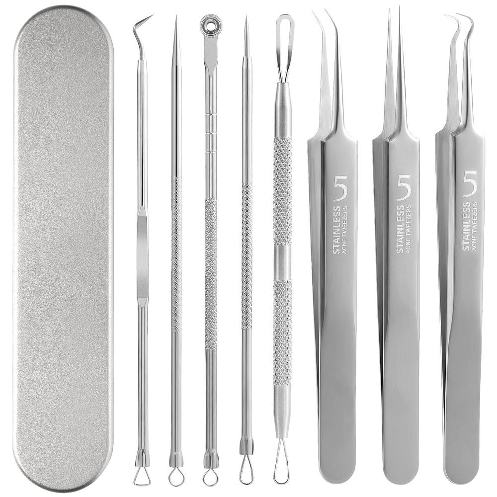 FEITA Blackhead Remover Comedone Extractor Tool, Face Black Head Needle & Curved Tip Acne Tweezers Kit with Metal Box, Facial Stainless Pimple Removal Tools Kit for Nose, Silver 8Pcs