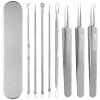 FEITA Blackhead Remover Comedone Extractor Tool, Face Black Head Needle & Curved Tip Acne Tweezers Kit with Metal Box, Facial Stainless Pimple Removal Tools Kit for Nose, Silver 8Pcs view 1
