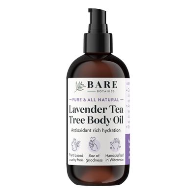 BARE BOTANICS 8 oz Moisturizing Lavender Tea Tree Body Oil - 100% Pure & Natural for Skin & Nails - Perfect for Moisturization - Vegan, Cruelty Free & Naturally Scented Hair Oil