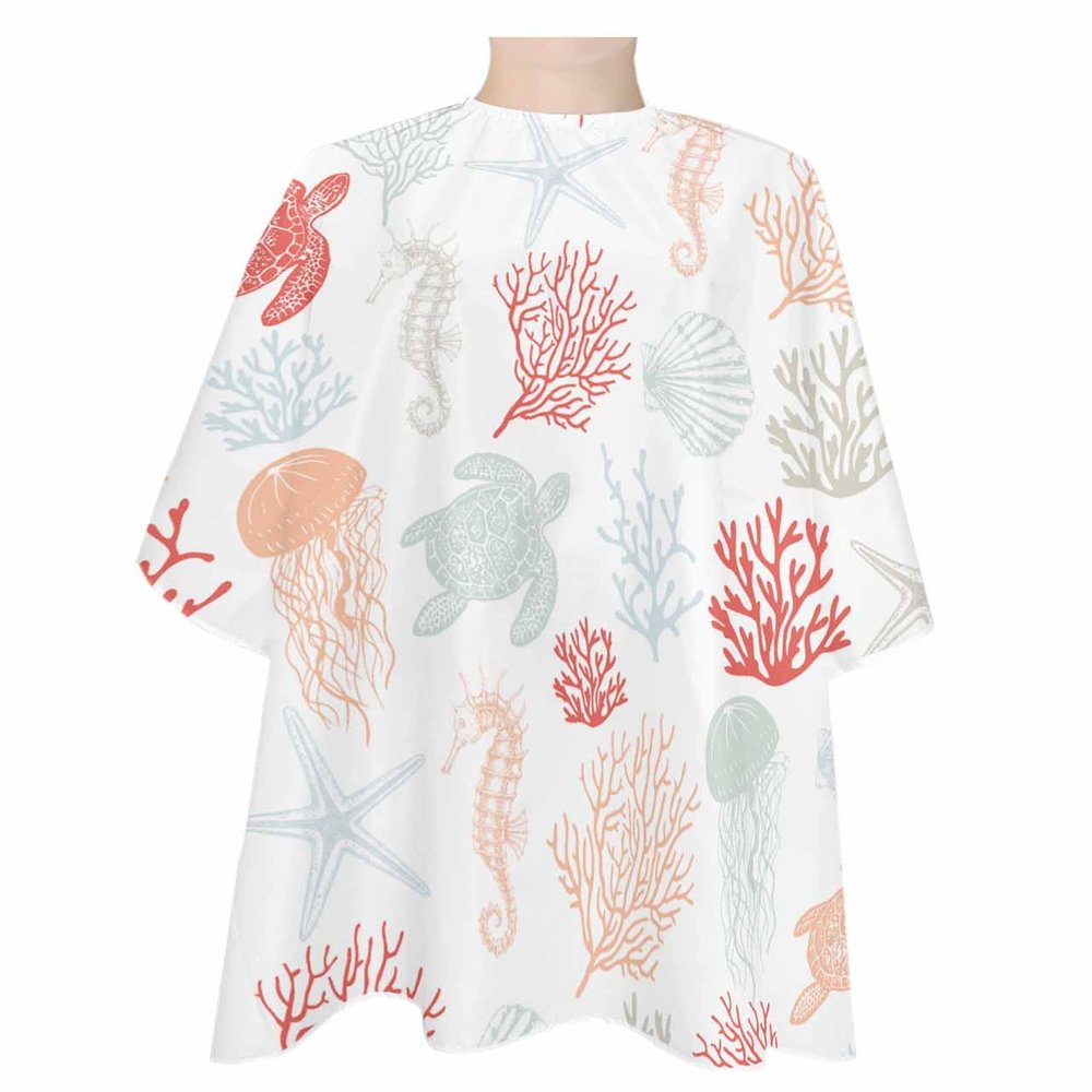 Coral Ocean Barber Cape,Salon Hair Cutting Cape for Women,Men,Kids,Adults,Haircut Cape with Adjustable Elastic Neckline Hairdressing Stylist Cape Summer Beach Coastal Turtle Starfish Jellyfish
