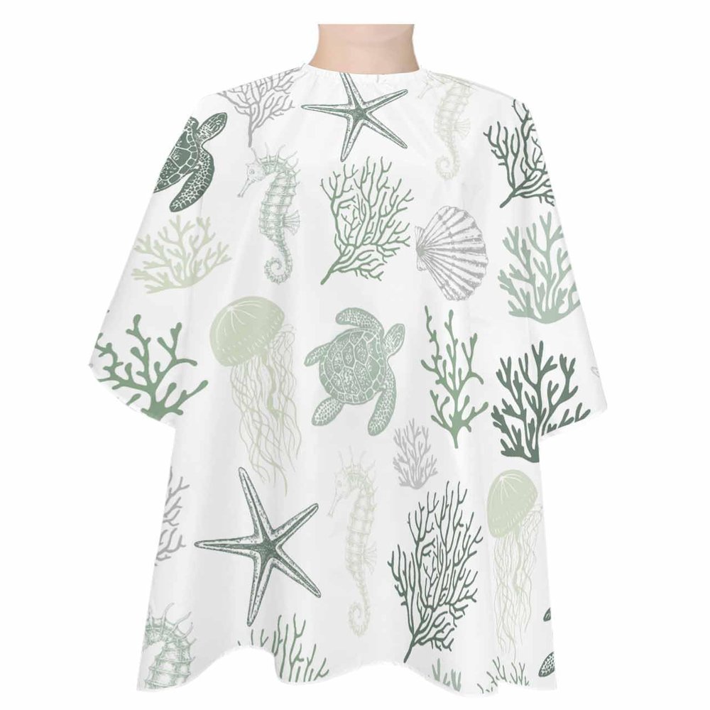 Coastal Summer Barber Cape,Salon Hair Cutting Cape for Women,Men,Kids,Adults,Haircut Cape with Adjustable Elastic Neckline Hairdressing Stylist Cape Accessories Sea Turtle Sage Green Coral Starfish