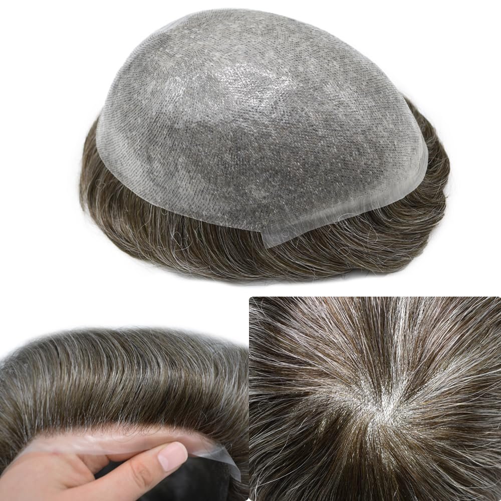 Mens Hair Piece Human Hair System for Men Toupee 0.06mm Ultra Thin Skin Hair Replacement System for Mens Hairpieces Protesis Capilar #360 3# DARK BROWN+60% GREY 8x10 90% light density