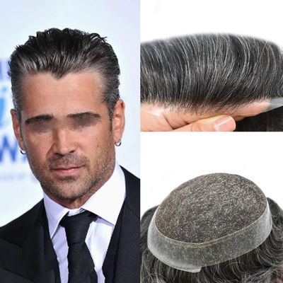 Toupee for Men French Lace Center Poly Skin Around Human Hair System for Men Hair Replacement System Breathable Mens Toupee Durable Hairpiece8"X10"#1B30 Off Black+30% Gray-120% Density