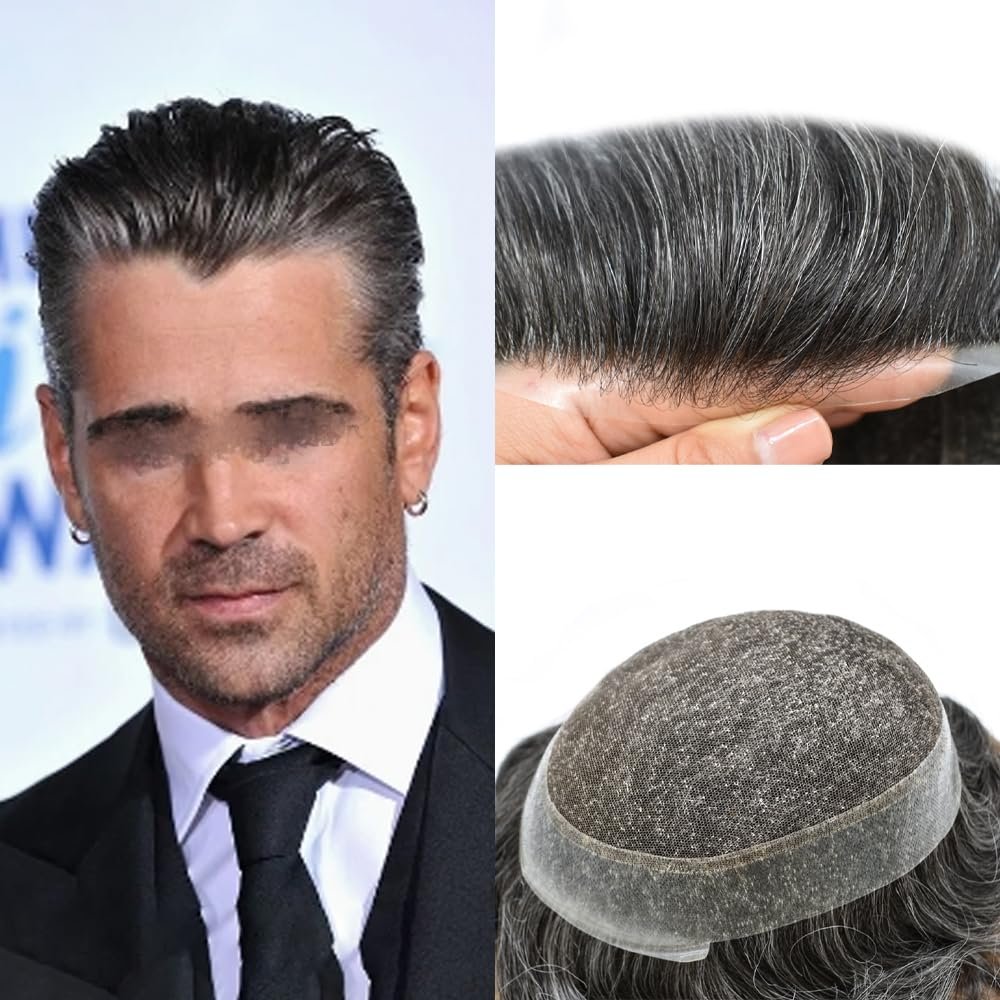 Toupee for Men French Lace Center Poly Skin Around Human Hair System for Men Hair Replacement System Breathable Mens Toupee Durable Hairpiece8"X10"#1B30 Off Black+30% Gray-120% Density