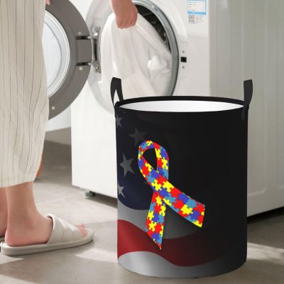 Autism Awareness Ribbon Circular Hamper Lasting Organization Bedroom Bathroom Dcor