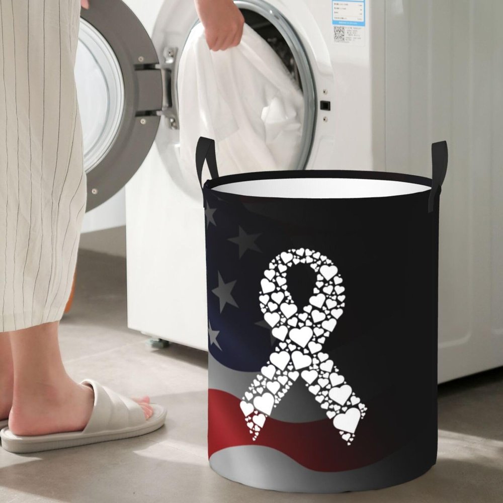 White Ribbon Lung Cancer Awareness Circular Hamper Lasting Organization Bedroom Bathroom Dcor