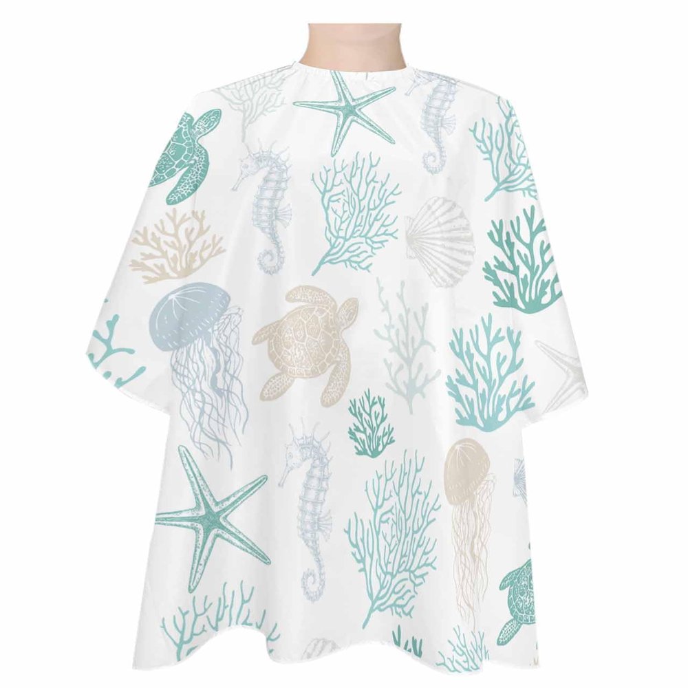 Aqua Teal Coral Barber Cape,Salon Hair Cutting Cape for Women,Men,Kids,Adults,Haircut Cape with Adjustable Elastic Neckline Hairdressing Stylist Cape Accessories Sea Turtle Starfish Shell Seahorse