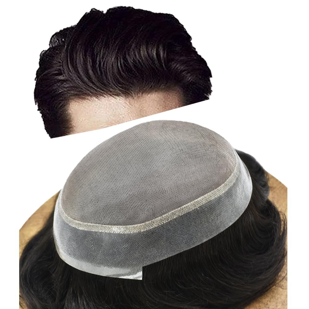 SINGA HAIR Toupee for Men Hairpieces Fine Mono Mens Toupee Human Hair Piece Replacement System Poly Skin PU Hair Units Monofilament Wigs for Men (#2 Darkest Brown, 6''X8'')