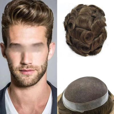 Toupee for Men French Lace Center Poly Skin Around Human Hair System for Men Hair Replacement System Breathable Mens Toupee Durable Hairpiece7"X9"#4ASH Medium Ash Brown-120% Density
