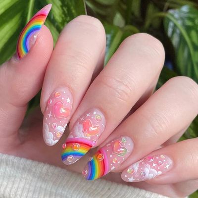 Almond Press on Nails Medium Fake Nails with White Clouds Designs Stick on Nails Color Bubble Fake Nails Full Cover Acrylic Rainbow False Nails Oval Glue on Nails for Women and Girls Date Night 24Pcs