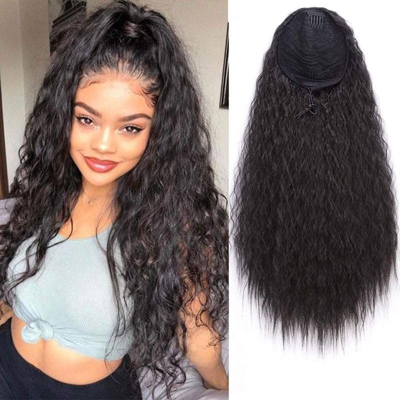 Remanbo Horse-Hair Wig Corn Ponytail Curly for Woman 22inch High Temperature Fiber Machine Made for Hair Loss (Black)