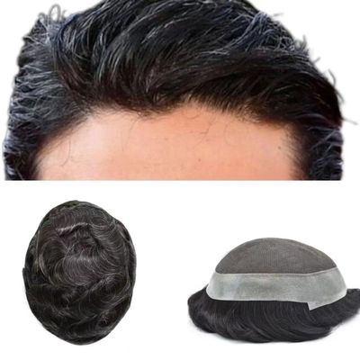 NinthAvenue Basics Toupee for Men French Lace Center Poly Skin Around Human Hair System for Men Hair Replacement System Breathable Mens Toupee Durable Hairpiece8""X10""#1B10 Off Black+10% Gray-120% Density