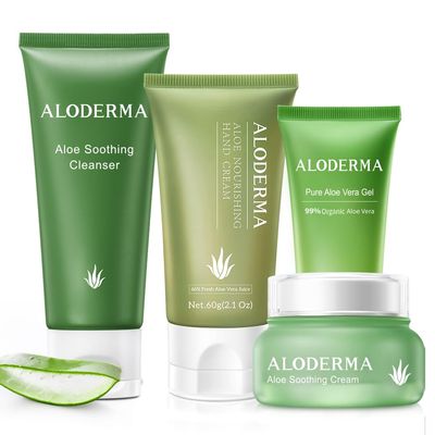 Aloderma Travel Size Soothing Aloe Set - 4 Pieces - Cleanser, Cream, Hand Cream, Aloe Vera Gel