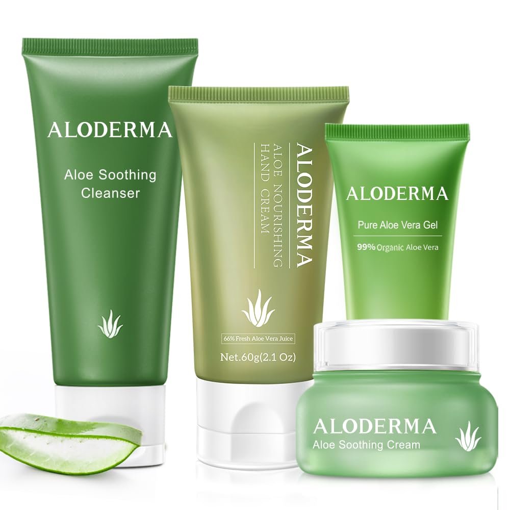 Aloderma Travel Size Soothing Aloe Set - 4 Pieces - Cleanser, Cream, Hand Cream, Aloe Vera Gel