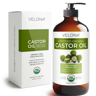 velona USDA Certified Organic Castor Oil 16 fl oz in Glass Bottle | Cold-Pressed, Hexane-Free, USP Grade | Promotes Hair Growth, Eyelash & Eyebrow Enhancement | Bottled in USA