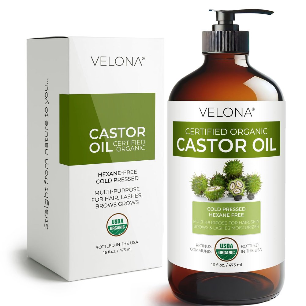 velona USDA Certified Organic Castor Oil 16 fl oz in Glass Bottle | Cold-Pressed, Hexane-Free, USP Grade | Promotes Hair Growth, Eyelash & Eyebrow Enhancement | Bottled in USA
