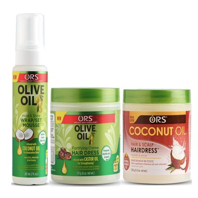 ORS Olive Oil Hold & Shine Wrap Set Mousse Infused with Coconut Oil - Fortifying Creme Hairdress infused with Castor Oil- Coconut Oil Hair and Scalp Hairdress - Bundle