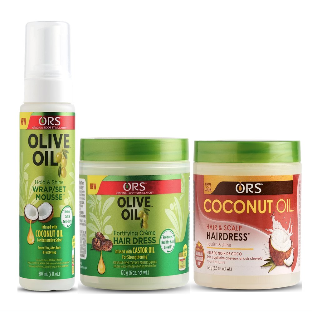 ORS Olive Oil Hold & Shine Wrap Set Mousse Infused with Coconut Oil - Fortifying Creme Hairdress infused with Castor Oil- Coconut Oil Hair and Scalp Hairdress - Bundle