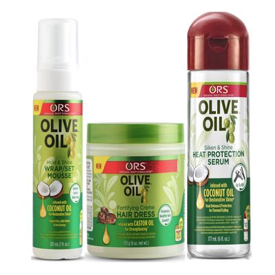 ORS Olive Oil Hold & Shine Wrap Set Mousse Infused with Coconut Oil - Fortifying Creme Hairdress infused with Castor Oil - Heat Protection Hair Serum infused with Coconut Oil- Bundle